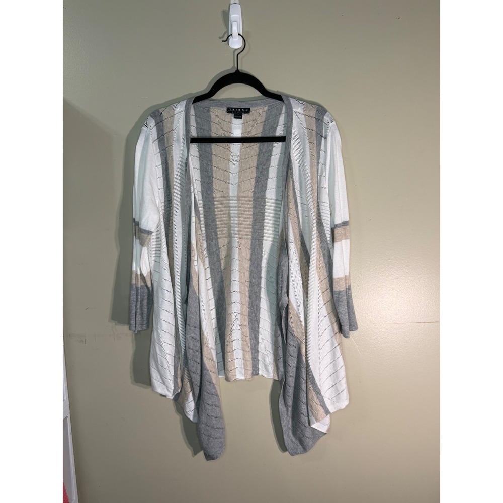 Tribal Pure Cotton Striped Open Front Waterfall Cardigan Grey Tan White Large